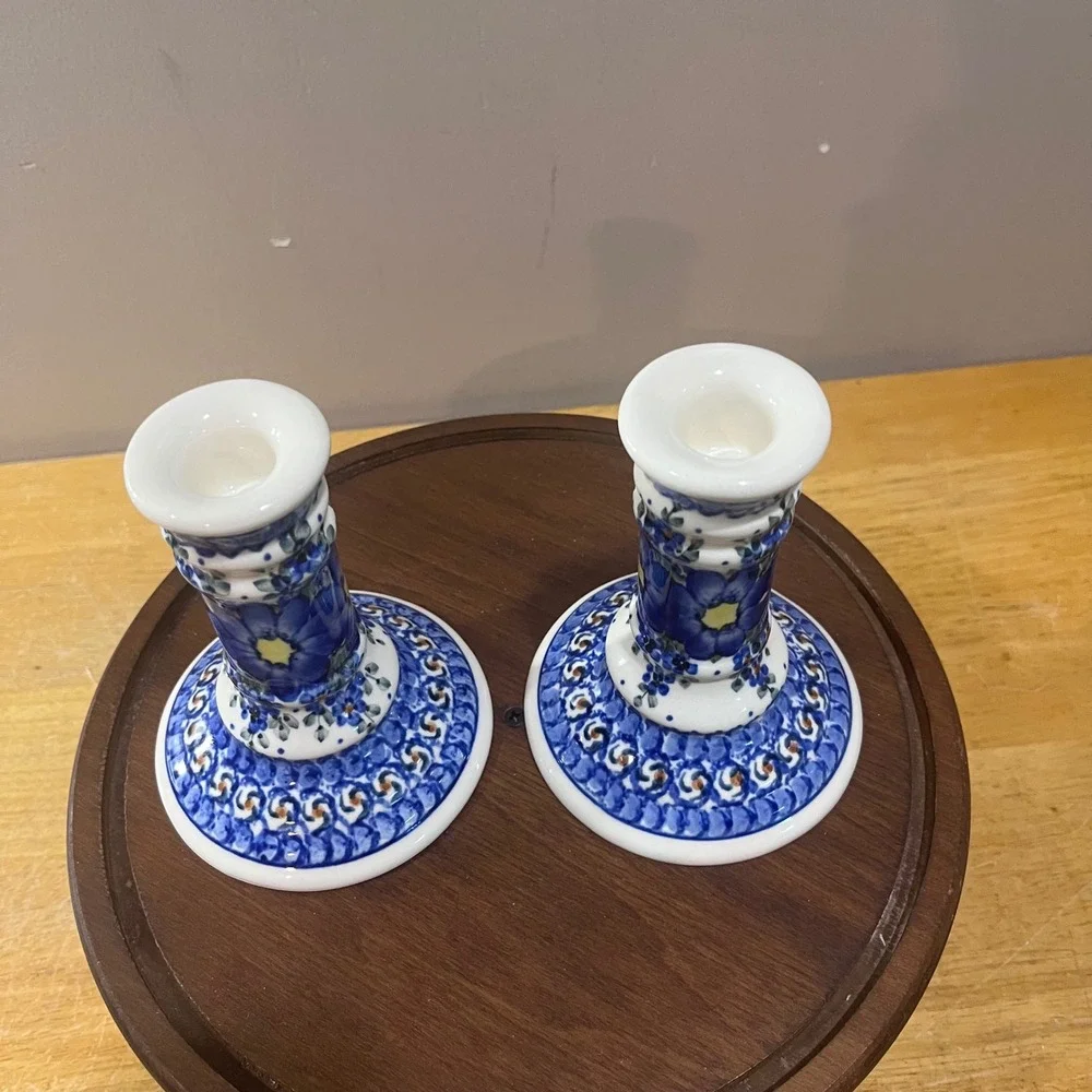 Vtg Polish Pottery Boleslawiec Unikat Blue Floral Candle Holders M Czonka Pair